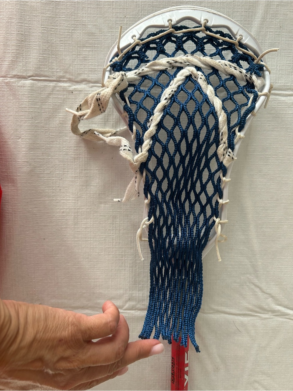 Blue and White Youth Lacrosse Head with Deep Mesh Pocket